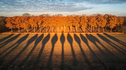 Aerial shot of tree shadow patterns formed rows of trees across field sunset long shadows captured...