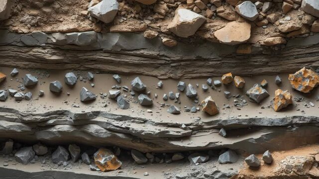 Limestone soil profile showcasing layers of clay, rocks, and sand formed by natural processes, illustrated geological cross-section.
