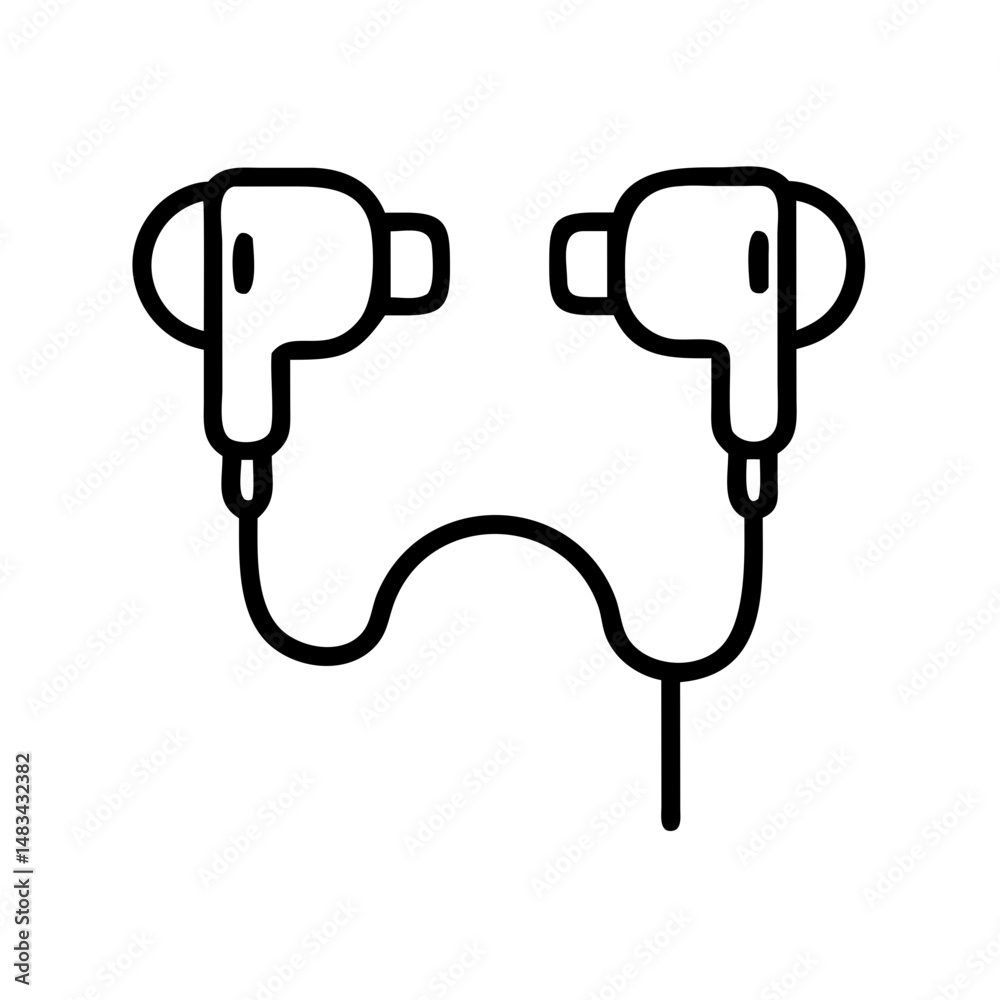 Poster wired earbuds audio icon representing music listening device and sound accessory with cable connecti