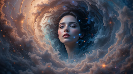 A woman's face emerges from swirling nebula, surrounded by stars and galactic dust.