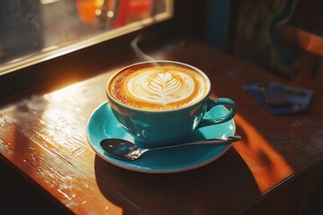 Warm latte art in sunlight