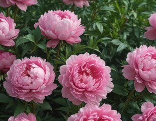 Luscious pink peonies, lush green leaves  Close-up view ,  vibrant,  image