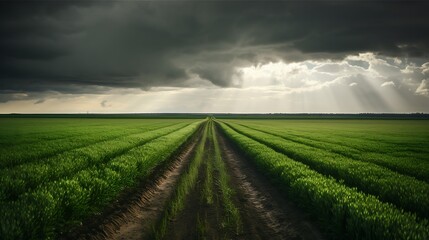 Green field with stormy sky.