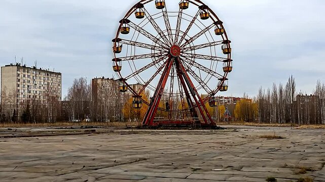 Abandoned Ferris Wheel Surrounded by Decaying Buildings in a Forgotten Amusement Park