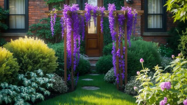Compact urban garden with a trellis featuring dual types of flowering vines. Highlights shrubs, variegated foliage, and deadnettle.