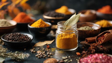 Rustic Jar of Spices and Seasonings on Table