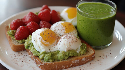 Healthy American breakfast with avocado toast, poached eggs, and green smoothie on white plate.