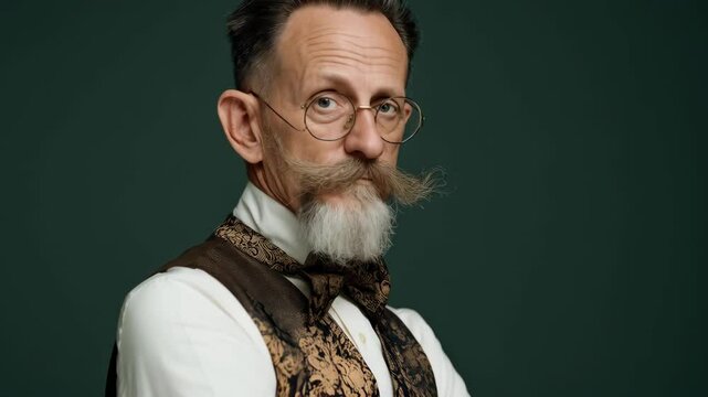 Elegant senior man with a silver mustache and beard wearing a patterned vest and round eyeglasses against a dark green background