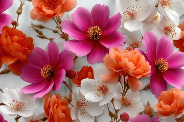Colorful floral pattern featuring small orange, red, and pink flowers on a bright white background perfect for spring designs