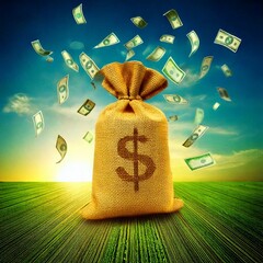 Fortune in Motion: Money Bag and Flying Cash—A Symbol of Wealth, Success, and Financial Flow