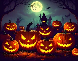 Halloween Night Jackolanterns, Bats, Haunted Houses, Full Moon