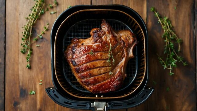 Air fryer roast pork steak on a wooden table. Easy crispy meal. Top-down perspective.