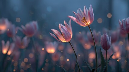 A delicate tulip scene immersed in twilight with luminescent petals glowing against the horizon