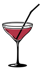 glass with pink drink and straw or cocktail without background