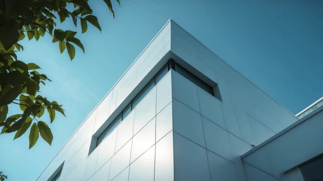 The exterior of a contemporary commercial building showcasing aluminum metal composite panels and glass windows, featuring advanced engineered diagonal cladding steel frame panels.