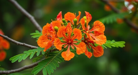 Flamboyant flower showcasing tropical beauty and vibrant color, with green leaves and branch