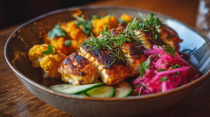 Delicious Bowl of Food with Meat, Vegetables and Drink