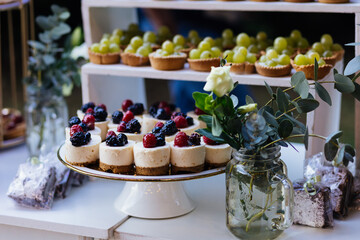 A beautifully arranged dessert table featuring mini berry cheesecakes, green grape tarts, and floral decor. The clean, natural style makes it ideal for events, catering, and gourmet branding. 