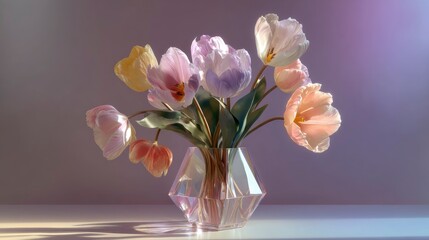 A dreamlike arrangement of pastel tulips within an elegant geometric prism vase reflecting light playfully
