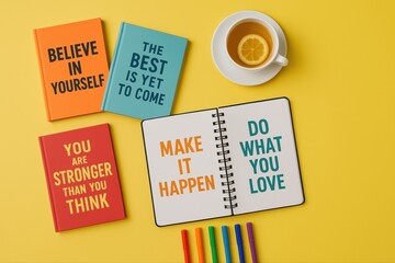 Inspirational messages promoting self confidence and pursuing one's passions are displayed on books and a notebook alongside a cup of tea and colorful markers