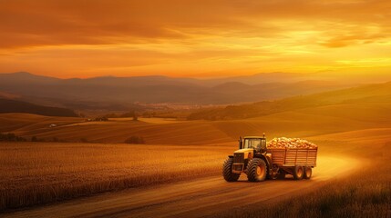 Fototapeta premium Harvest Sunset: Tractor on Golden Fields