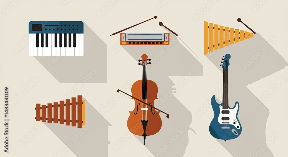 Aufkleber flat design illustration of various musical instruments arranged on a light background