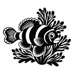 Clownfish hiding in coral in stylized vector, Clownfish vector illustration, Clownfish logo vector, Clownfish vector icon