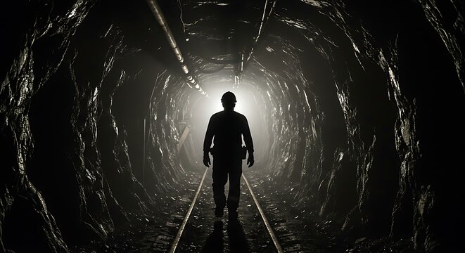 Fototapeta Miner walking through a dark tunnel
