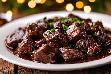 Full rack of sticky glazed barbecue ribs served on a white plate isolated against a white background