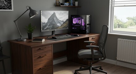 Serene Home Office: Dark Wood Desk, Realistic 3D Render