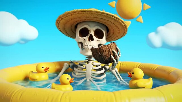 A whimsical skeleton wearing a straw hat enjoys a coconut drink in a yellow inflatable pool surrounded by rubber ducks under a bright sun - cartoon characters skeleton