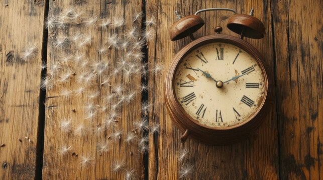 Clock with Dandelion Seeds on Wooden Surface - Powered by Adobe