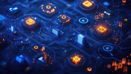 Complex, glowing circuit board with integrated interface elements.  Intricate network of electronic components, illuminated by vibrant blue and orange lights