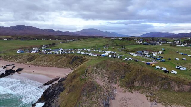sango sands viewpoint and campsite situated on green highland along the beach in Scotland