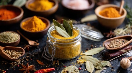 Rustic Jar of Spices and Herbs on Wooden Table