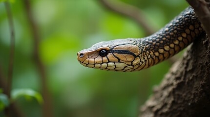 Obraz premium Serpentine Sentinel in Green: A close-up view of a non-venomous snake, a master of camouflage, delicately perched on a branch amid lush foliage, highlighting its exquisite detail.