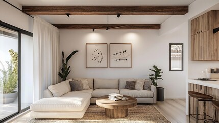 Fototapeta premium Modern, minimalist living room with a sectional sofa, wooden beams, and natural light.