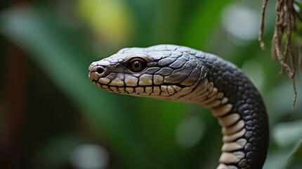 Obraz premium Close-up of a Black-headed Snake: A close-up of a black-headed snake with distinctive scales and a piercing gaze, captured against a backdrop of lush green foliage.