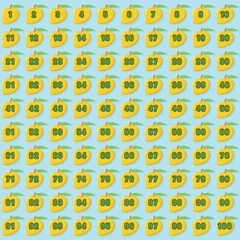 Illustration of Numbers 1 to 100 in Yellow Cartoon Mango Fruit with Blue Background