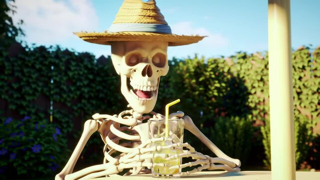 A playful skeleton wearing a straw hat enjoys a refreshing drink under a sunny sky in a garden - cartoon characters skeleton