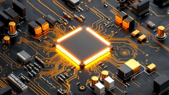 Tech Circuit Board: A close-up shot of a sleek tech circuit board, showcasing a central square component illuminated with a warm glow, surrounded by a network of intricate pathways and connections.