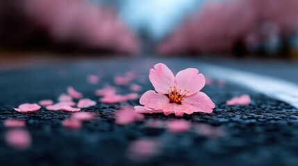 Cherry blossom petals gently fall on a picturesque countryside road amidst blooming trees in spring