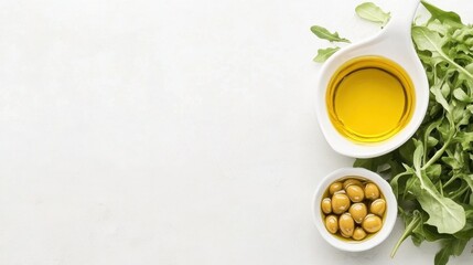Olive oil and olives with green leaves are arranged on a white surface. Two small bowls on a light background