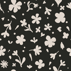 Seamless floral black and white vector laconic delicate ink vintage handmade pattern for fabric design, decor, ceramics, greeting cards, flowers, texture print on black background