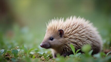 Tiny Hedgehog in the Undergrowth: A delicate hedgehog with soft spines nestled among lush green foliage, capturing a moment of tranquil vulnerability in the wild.