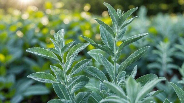 Detailed view of a plant in a garden, showcasing its oval, textured, and creased leaves. Used as an herb for culinary or medicinal applications. Selective focus with a blurred abstract.
