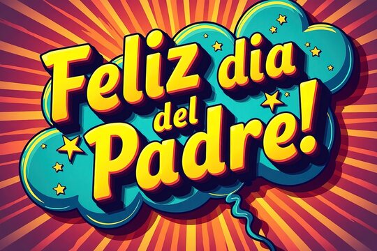 A vibrant design with the phrase "Feliz día del Padre!" in bold, playful text against a radial background, great for Father's Day cards, festive decorations, and Spanish - language Father's Day