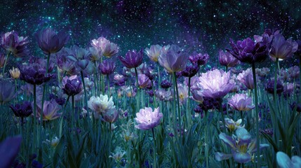 A dreamy midnight tulip meadow where flowers shine with natural iridescent glow under moonlight