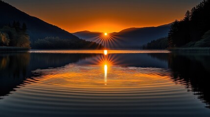 Obraz premium Scenic Sunset Reflecting on a Calm Lake Surrounded by Mountains and Trees