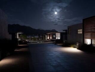 Gated community with a patio captured in moonlit night, showing modern architecture, detailed textures, and clean surroundings.